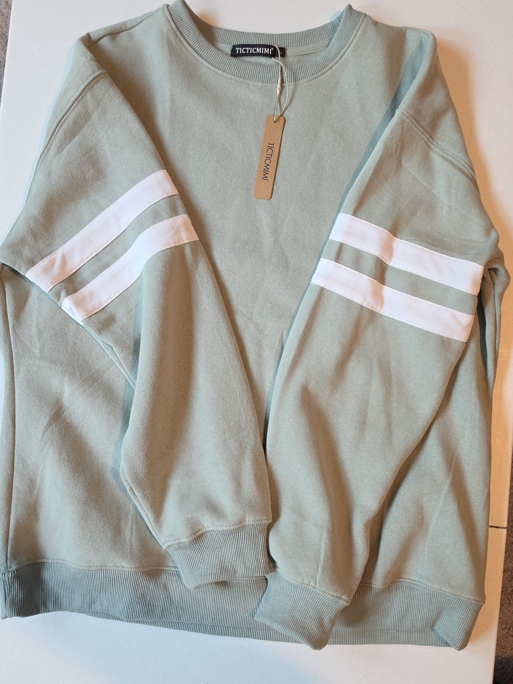 Mint Crewneck Sweater with White Sleeve Stripes